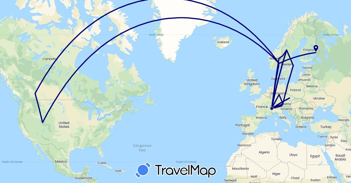 TravelMap itinerary: driving in Austria, Canada, Switzerland, Czech Republic, Germany, Finland, France, Italy, Norway, Sweden, United States (Europe, North America)